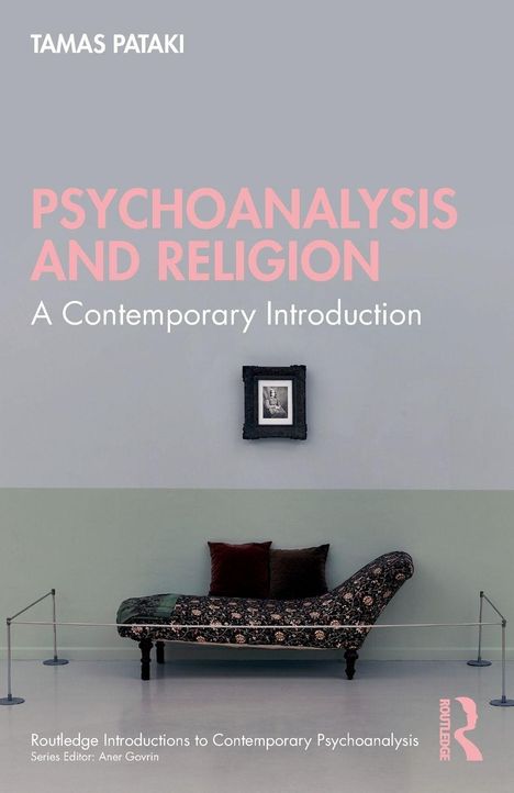 Text: "Psychoanalysis and Religion: A Contemporary Introduction." Bild: Ein Sofa vor einer blauen Wand mit kleinem Bild darüber.