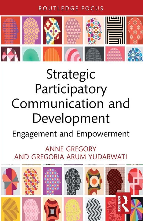 Der Text beschreibt "Strategic Participatory Communication and Development." Oben und unten sind bunte Kopf-Silhouetten.