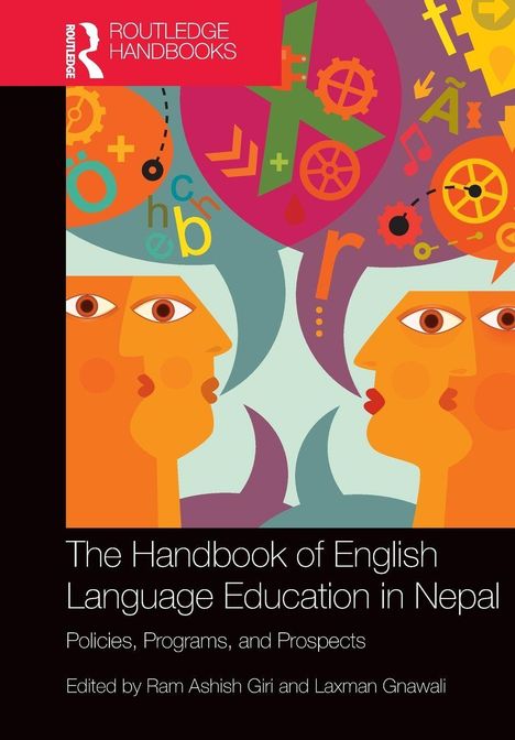 Text: "The Handbook of English Language Education in Nepal." Darunter bunte Köpfe, Buchstaben und Symbole als Illustration.
