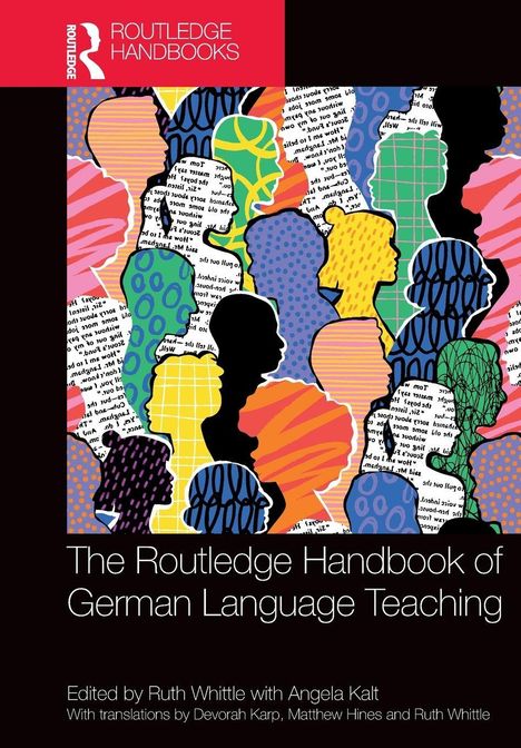 "The Routledge Handbook of German Language Teaching" steht auf einer farbigen Illustration mit Silhouetten von Köpfen.