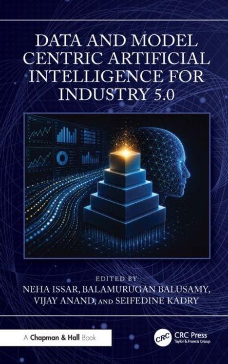 Buchtitel über KI für Industrie 5.0. Geometrische Illustrationen mit Datenbildschirmen und 3D-Pyramide.