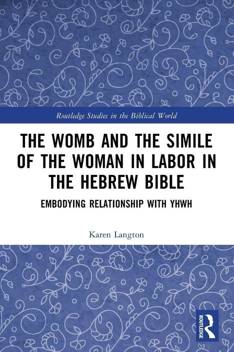 Buchtitel: "THE WOMB AND THE SIMILE OF THE WOMAN IN LABOR IN THE HEBREW BIBLE." Blau-weißes Blumenmuster im Hintergrund.