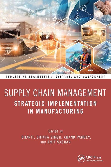 Buchtitel: "Supply Chain Management: Strategic Implementation in Manufacturing." Moderne Logistik-Illustration.