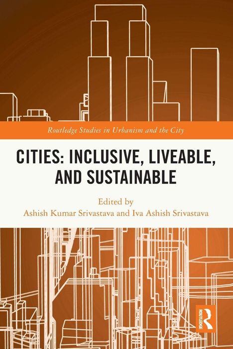 "CITIES: INCLUSIVE, LIVEABLE, AND SUSTAINABLE." Oben sind stilisierte Umrisse von Gebäuden auf braunem Hintergrund.