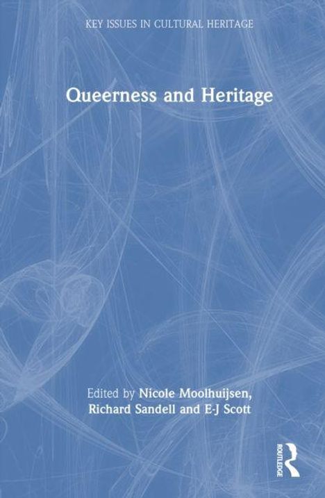 "Queerness and Heritage" und Namen der Herausgeber. Blauer Hintergrund mit feinen, weißen, abstrakten Linien.