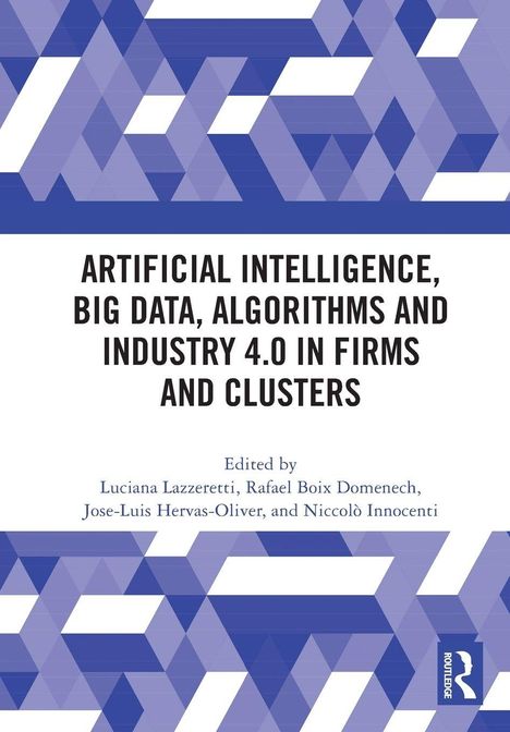 "Artificial Intelligence, Big Data, Algorithms and Industry 4.0 in Firms and Clusters", blauer geometrischer Hintergrund.