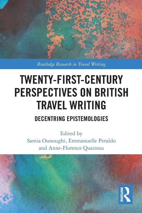 Blauer und orangefarbener Hintergrund, großes Thema: "Perspectives on British Travel Writing".