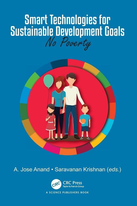 „Smart Technologies for Sustainable Development Goals: No Poverty“. Illustration einer Familie mit buntem Kreis.