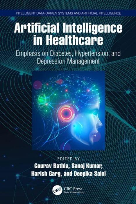 "Artificial Intelligence in Healthcare" und weitere Texte zu KI bei Diabetes, Hypertonie und Depression. Illustration eines Kopfprofils mit Netzwerken.