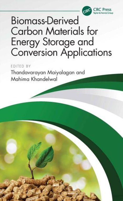 Text: "Biomass-Derived Carbon Materials for Energy Storage and Conversion Applications." Pflanzenkeimling auf Pellets.