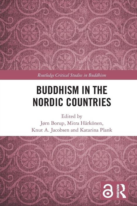 "Text: 'Buddhism in the Nordic Countries', rote dekorative Muster, Routledge-Logo und Symbol unten rechts."