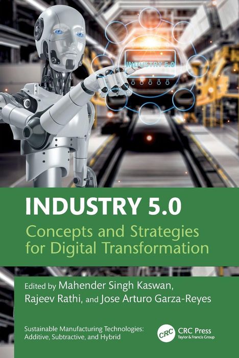 „INDUSTRY 5.0“, Konzepte für digitale Transformation. Ein humanoider Roboter zeigt auf ein holografisches Interface.