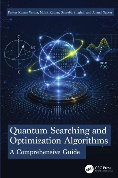 "Quantum Searching and Optimization Algorithms: A Comprehensive Guide." Illustration: Quantenmechanische Symbole und Diagramme.