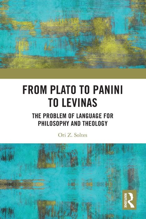 FROM PLATO TO PANINI TO LEVINAS. Ein abstraktes Gemälde aus türkis-gelb mit einem Logo in der Ecke.
