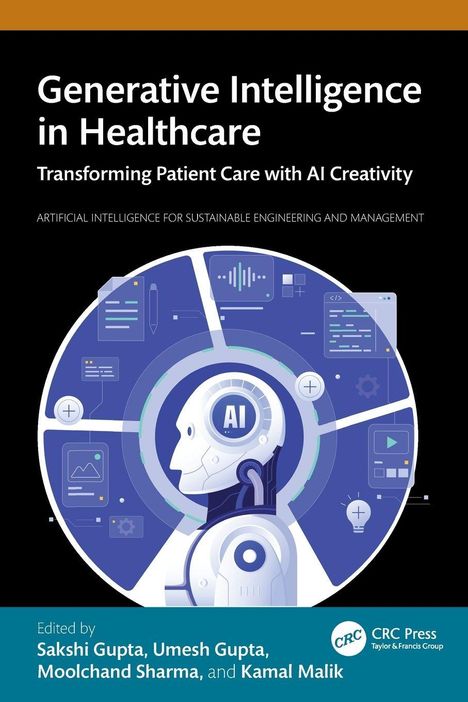 "Generative Intelligence in Healthcare" steht über einer Illustration eines Roboters mit verschiedenen digitalen Symbolen.