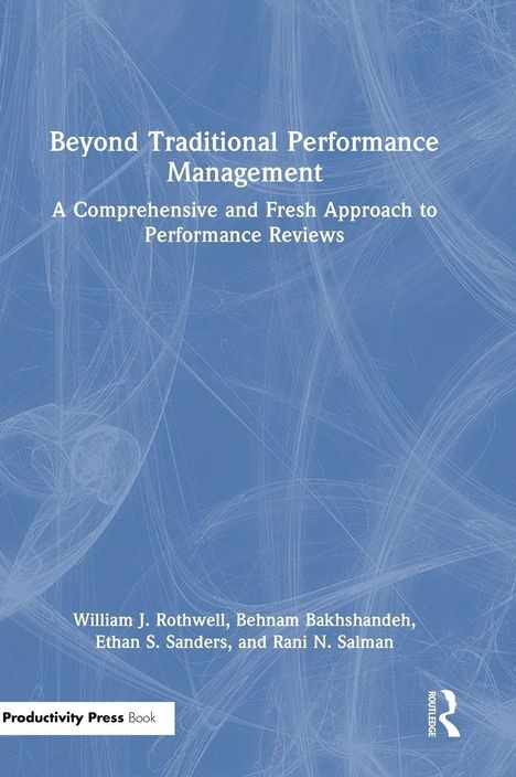 Cover von "Beyond Traditional Performance Management" mit Autorenangabe. Blaues Muster im Hintergrund. Routledge-Logo.