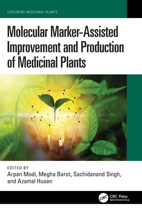 "Molecular Marker-Assisted Improvement and Production of Medicinal Plants" mit Molekülstruktur und Blättern.