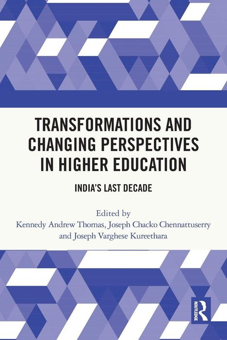 "Transformations and Changing Perspectives in Higher Education: India's Last Decade," gestaltet mit blauen Dreiecken.