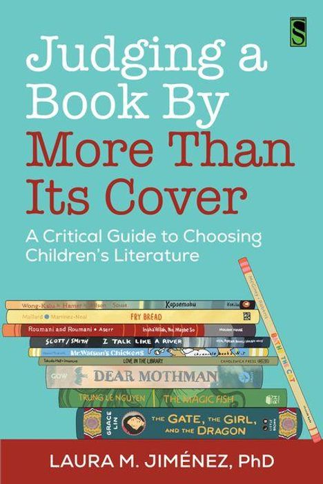 Text: Judging a Book By More Than Its Cover - A Critical Guide to Choosing Children's Literature. Autor: Laura M. Jiménez, PhD.  
Illustration: Stapel Bücher und Bleistift.

