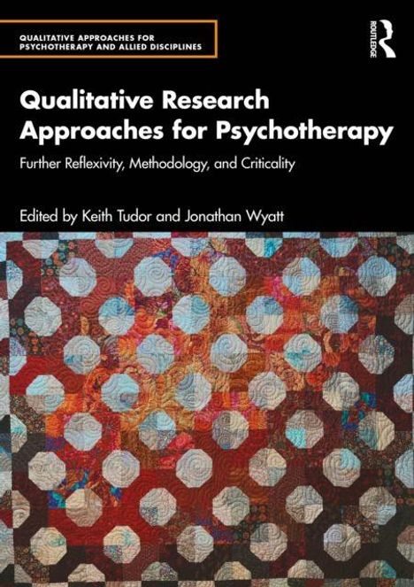 "Qualitative Research Approaches for Psychotherapy" Titel auf schwarzem Hintergrund, bunte geometrische Muster darunter.