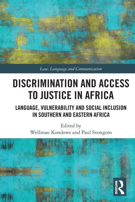 "Discrimination and Access to Justice in Africa" oben, mit einem türkis-gelben abstrakten Hintergrund.