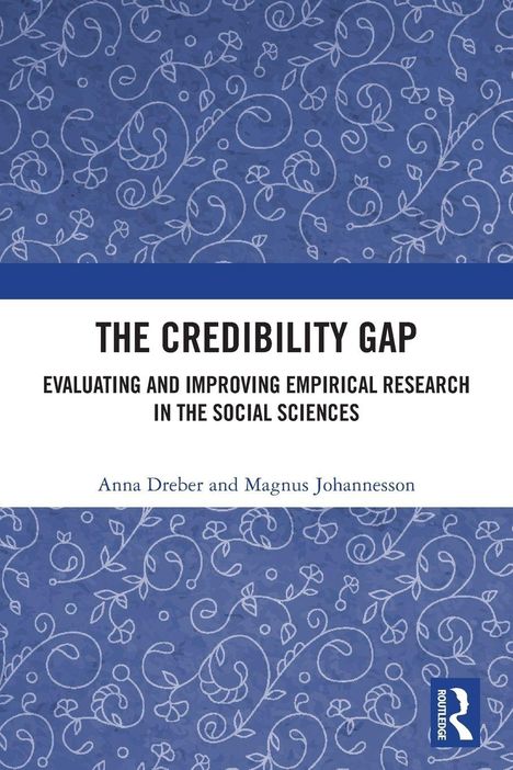 „THE CREDIBILITY GAP“ steht in großer Schrift oben. Darunter: blaue Hintergrundgestaltung mit weißen, floralen Mustern.