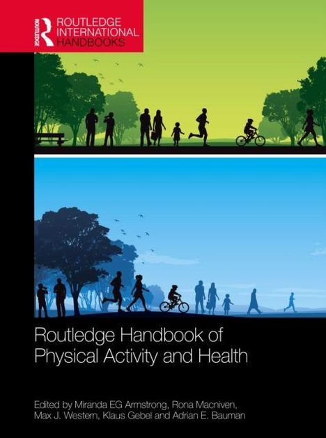 "Routledge Handbook of Physical Activity and Health." Menschen in Silhouetten trainieren in grüner und blauer Natur.