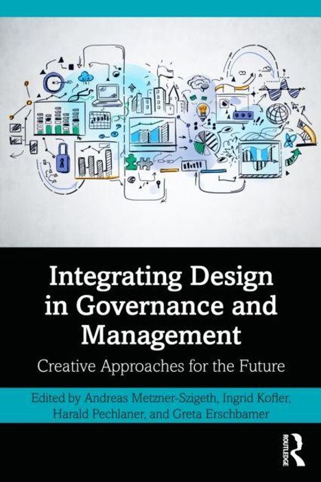 „Integrating Design in Governance and Management: Creative Approaches for the Future.“ Zeichnung von Büroszenen und Diagrammen.
