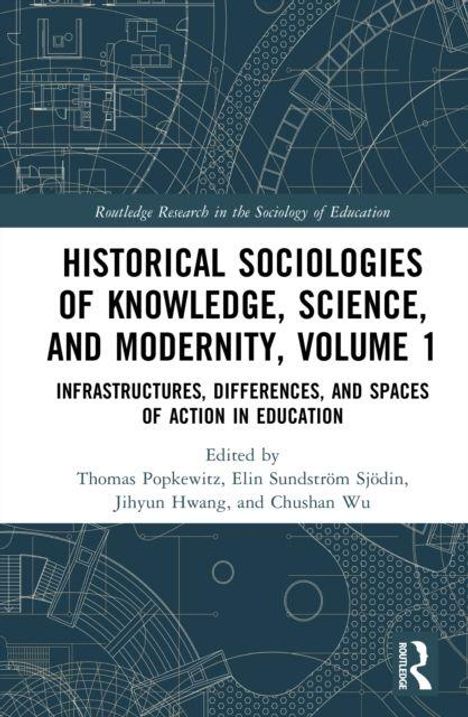 Text: "Historical Sociologies of Knowledge, Science, and Modernity, Volume 1." Hintergrund: Technische Zeichnungen in Blau.