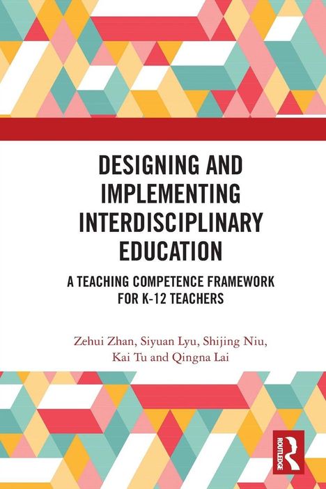 "DESIGNING AND IMPLEMENTING INTERDISCIPLINARY EDUCATION" steht im Zentrum. Bunte geometrische Muster umgeben den Text.