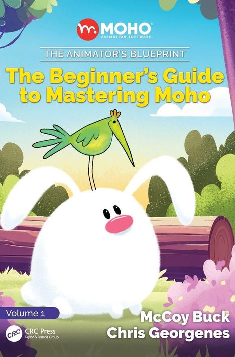 Text auf blauem Hintergrund: "The Animator's Blueprint: The Beginner's Guide to Mastering Moho" von Chris Georgenes und McCoy Buck.
