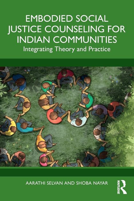 Oben: "EMBODIED SOCIAL JUSTICE COUNSELING FOR INDIAN COMMUNITIES". Illustration: Menschen im Kreis auf Wiese.