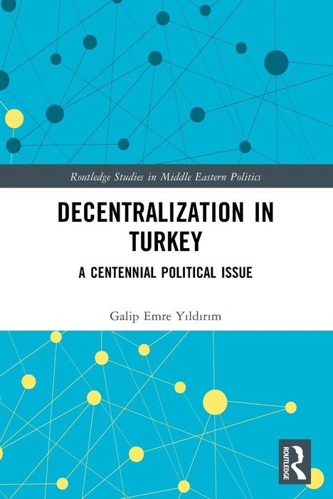 "DE-CENTRALIZATION IN TURKEY" steht im Zentrum. Oben und unten sind Netzwerke aus Punkten und Linien auf blauem Hintergrund.