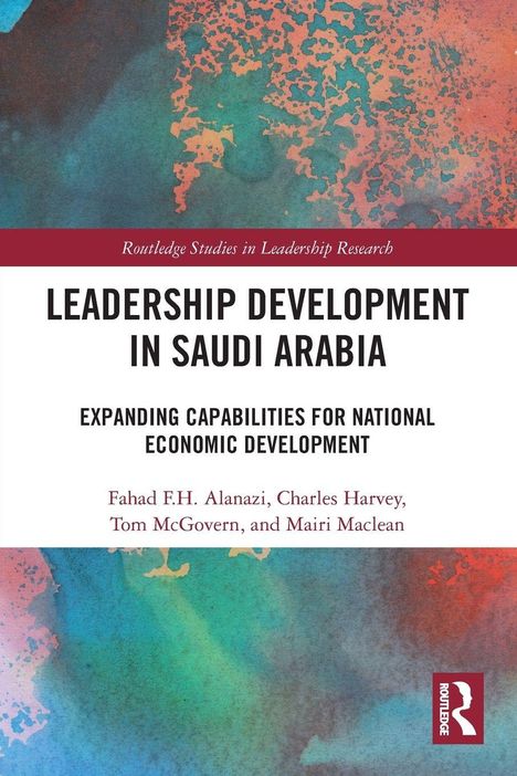 Buchtitel "Leadership Development in Saudi Arabia." Abstraktes buntes Hintergrunddesign.