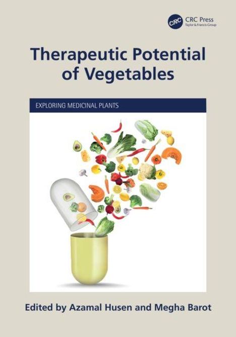 "Therapeutic Potential of Vegetables. Exploring Medicinal Plants. Vegetabilien strömen aus geöffnetem Pillenbehälter."