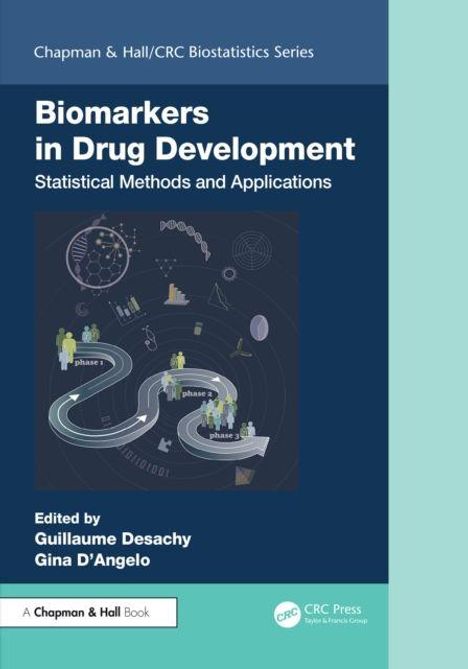 "Biomarkers in Drug Development: Statistical Methods and Applications." Illustration mit Phasenpfad und mehreren Figuren.
