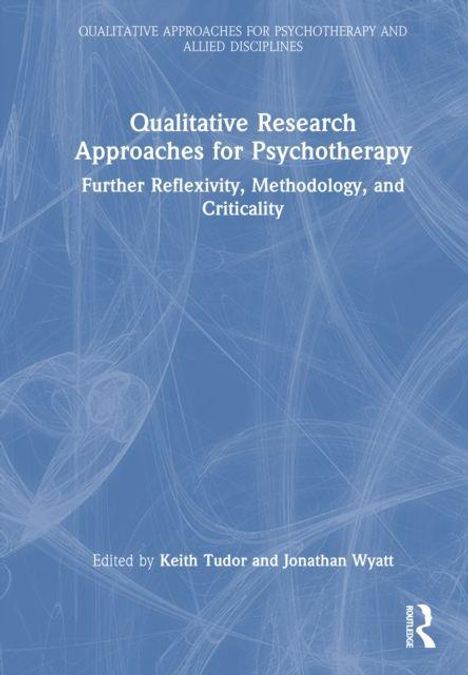 „Qualitative Research Approaches for Psychotherapy“ in Weiß auf hellblauem Hintergrund, illustriert mit stilisierten Linien.