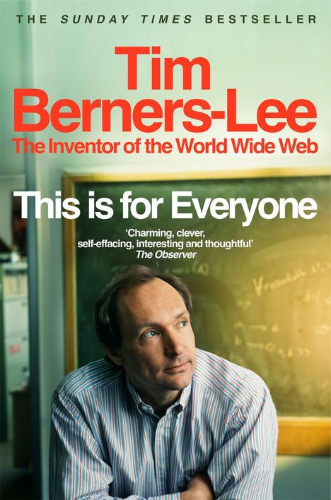 Text: "COVER TO BE REVEALED", "This Is for Everyone", "Tim Berners-Lee". Ein roter Hintergrund mit weißem Schriftzug.