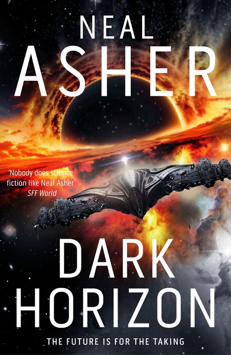 "Neal Asher" oben, "Dark Horizon" unten, Raumfahrt-Szene mit Raumschiff vor schwarz-rotem planetarischem Hintergrund.
