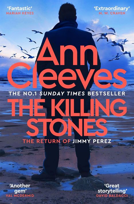 Titel: "Ann Cleeves - The Killing Stones". Hintergrund: Person am Strand mit fliegenden Möwen.