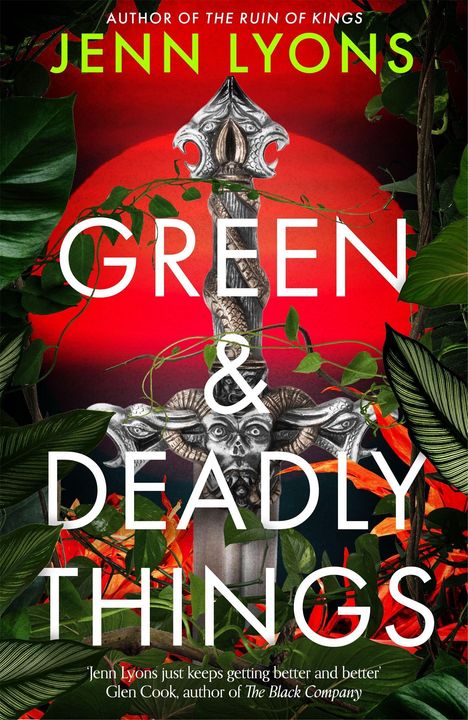 "GREEN & DEADLY THINGS" steht auf einem roten Hintergrund, umrahmt von Pflanzen und einem kunstvollen Schwert.