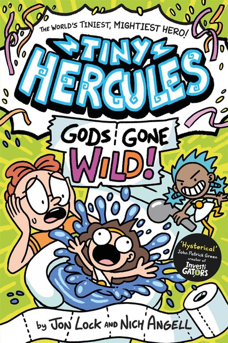 Eine Comic-Titelillustration mit "Tiny Hercules: Gods Gone Wild!". Ein Kind, ein überrascht schauendes Mädchen und ein fröhlicher Junge mit blauem Haar.