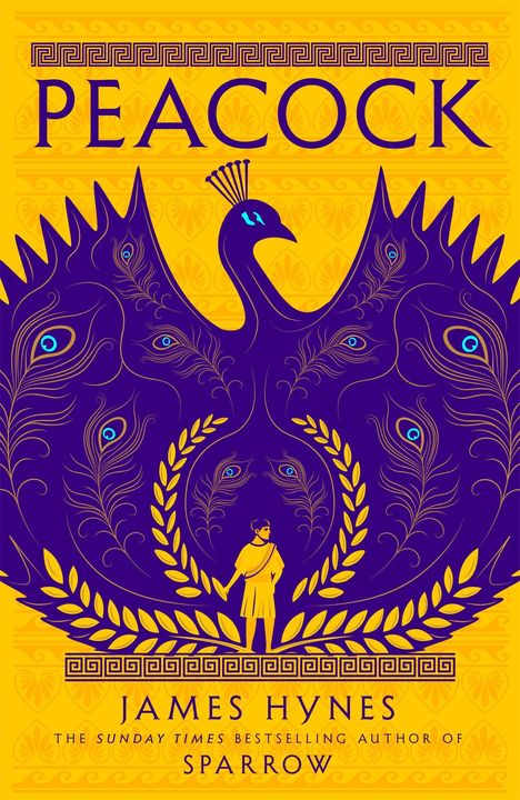 „PEACOCK“ oben in Großbuchstaben. Eine stilisierte Pfauenillustration in Lila und Gold verziert das Bild.