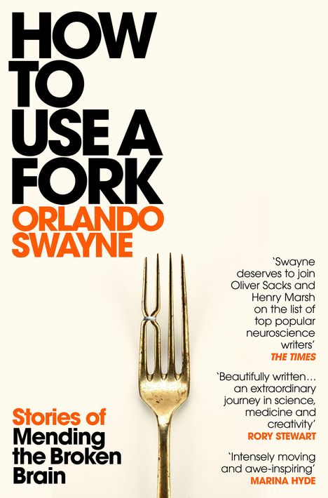 "ORLANDO SWAYNE How to Use a Fork COVER TO BE REVEALED" steht in dunkelblauer Schrift auf weißem Hintergrund.