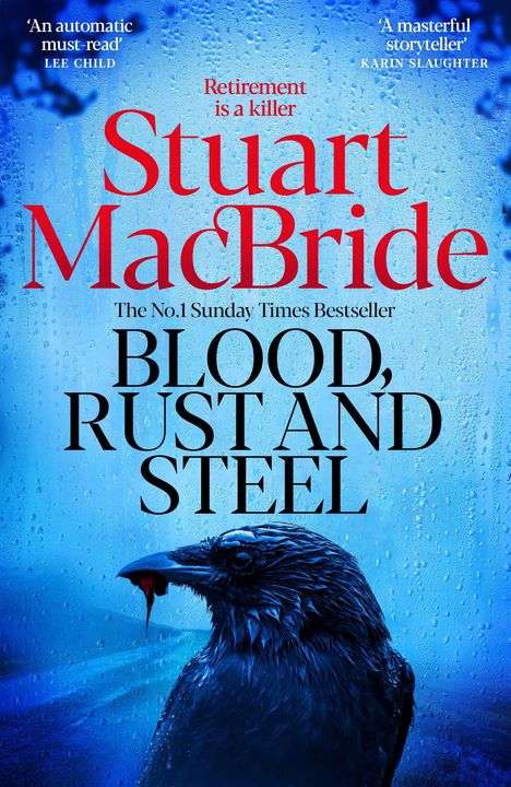 „Retirement is a killer“ steht oben. Illustration: Ein schwarzer Vogel mit Blut im Schnabel auf blauem Hintergrund.