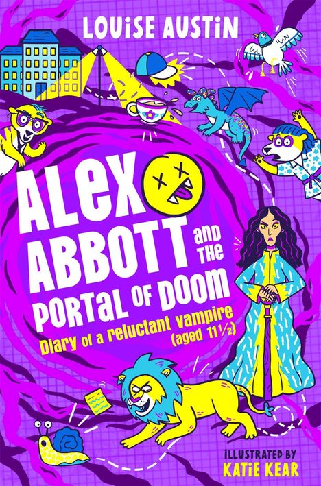 "Alex Abbott and the Portal of Doom" in großer Schrift. Bunte, verspielte Illustration mit Tieren und einer Figur.