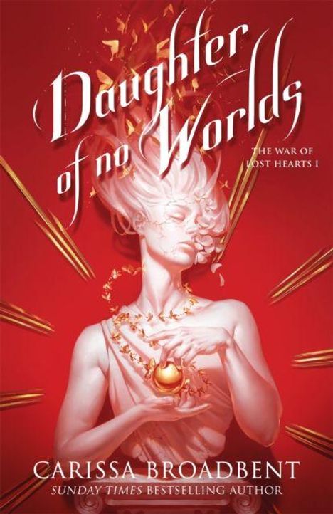 „Daughter of no Worlds“ steht oben, darunter eine Frau mit leuchtendem Herz, rot-goldenes Farbschema.