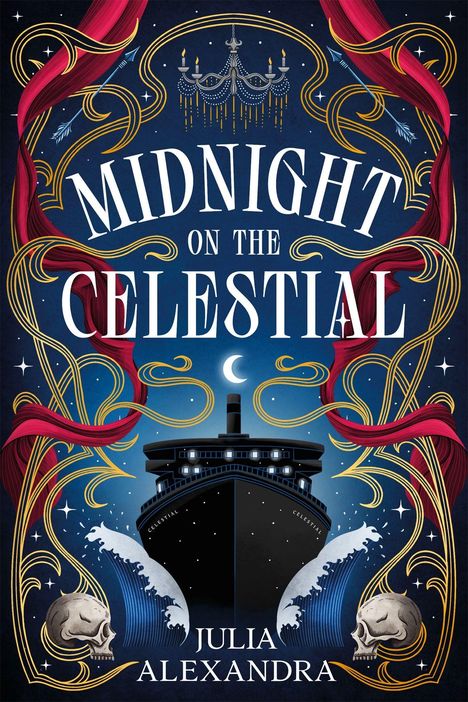 Text: "Midnight on the Celestial", "Julia Alexandra".  
Illustration: Ein Schiff vor einem Nachthimmel, rote Vorhänge, Totenköpfe.