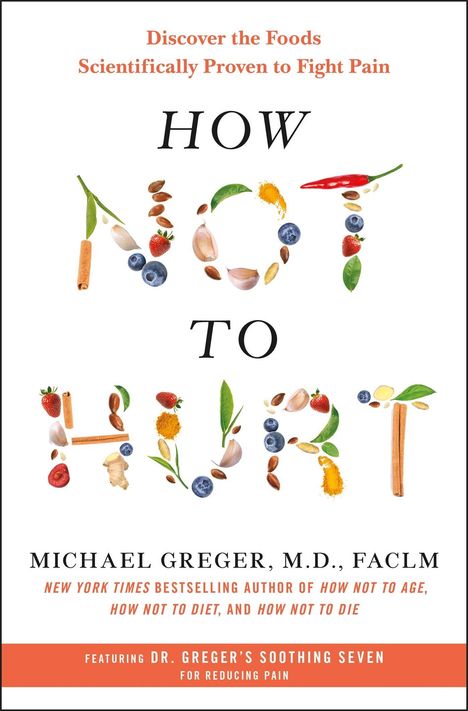 Texte: Discover the Foods Scientifically Proven to Fight Pain, HOW NOT TO HURT, Michael Greger, M.D., FACLM. Design: Buchcover mit Buchstabengemüse.