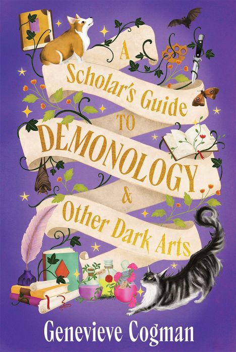 Titel: "A Scholar's Guide to Demonology & Other Dark Arts". Autor: Genevieve Cogman. Illustration mit Hund, Katze, Bücher, Pflanzen.